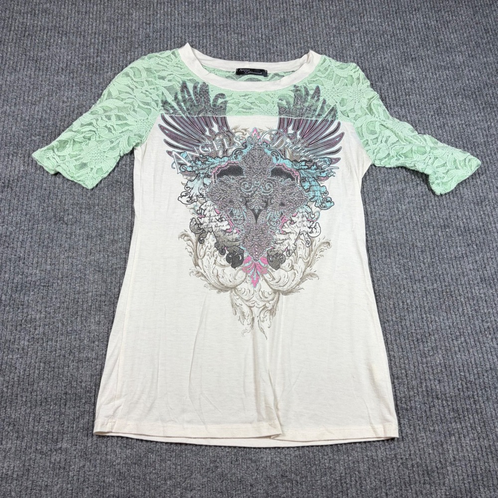 Angels & Diamonds Shirt Womens Small White Graphic Green Lace Sleeve Y2K Top
